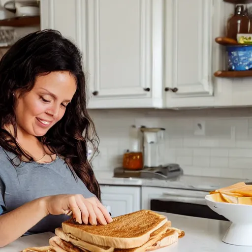 Prompt: A photo of emmymade, in her kitchen, making a honey sandwich, photorealistic, 8k quality