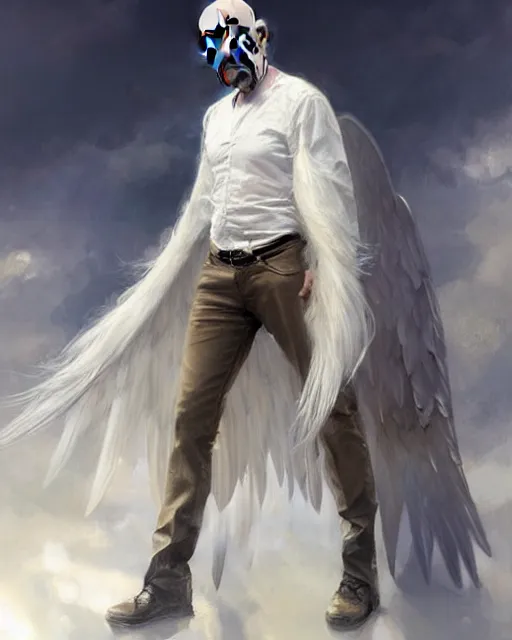 Image similar to walter white winged angel, male!!!!!!!, long white hair, by daniel gerhartz, trending on artstation