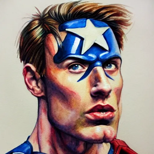 Prompt: captain America goes mad, portrait, watercolor painting, hyper detailed, hyper realistic, by Botticelli, portrait