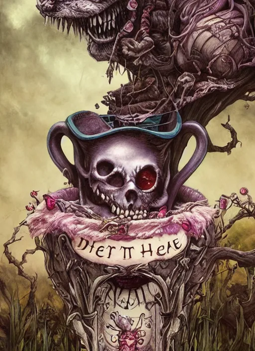 Image similar to Cheshire Cat drinking tea with Alice in wonderland,death tarot card,highly detailed,half skull face,cinematic,8k,by Stanley Artgermm,Tom Bagshaw,Greg Rutkowski,Carne Griffiths, Ayami Kojima, Beksinski, Giger,trending on DeviantArt,hyper detailed,horror, full of colour