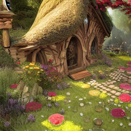 Image similar to a medieval hobbit house made of jelly, ornate, beautiful, atmosphere, vibe, flowers, concept art illustration, color page, 4 k, tone mapping, doll, akihiko yoshida, james jean, andrei riabovitchev, marc simonetti, yoshitaka amano, digital illustration, greg rutowski, volumetric lighting, sunbeams, particles