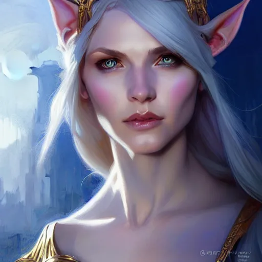 Image similar to half elf sorceress, D&D, blue eyes, blonde hair, fantasy, intricate, elegant, highly detailed, digital painting, artstation, concept art, smooth, sharp focus, illustration, art by artgerm and greg rutkowski and alphonse mucha