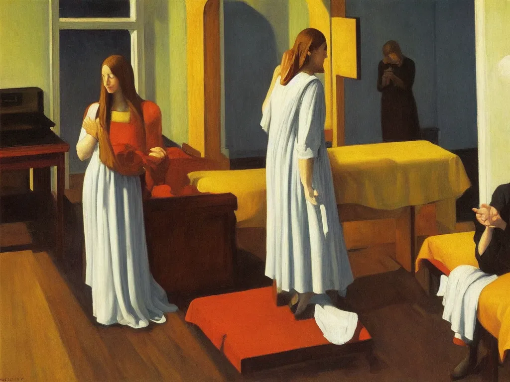 Prompt: the annunciation by edward hopper oil painting