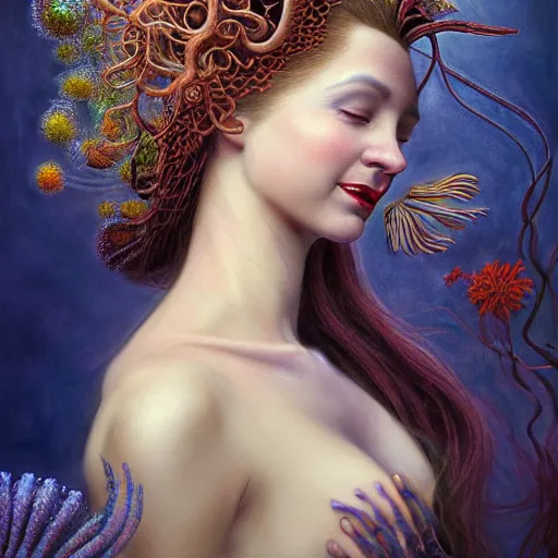 Image similar to facial portrait of a young gorgeous woman in flowing sensual dress, arrogant, long fine flowing hair, delicate, looking at camera, slightly awkward smile, realistic face, hands behind back, stylish, elegant, grimdark fantasy, flowers, extremely detailed painting inspired by Gerald Brom and Ernst Haeckel and Kaluta, studio lighting