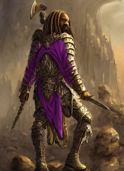 Image similar to snoop dogg as a barbarian, short beard, grumpy, intricate plate armor, purple robes, Ivan Aivakovsky, Boris Vallejo, epic fantasy character art, D&D Concept Art, full length, Realistic, Regal, Refined, Detailed Digital Art, Oil Paining, Exquisite detail, post-processing, masterpiece, Cinematic Lighting, Unreal Engine, 8k, HD, Stanley Artgerm Lau, WLOP, Rossdraws, Frank Frazetta, Andrei Riabovitchev, Marc Simonetti, trending on artstation,