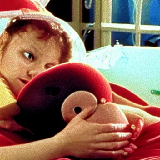 Image similar to woman who has given birth to a squishy inflatable toy, in hospital bed, Fellini film, 1974 archival footage, technicolor film expired film, 16mm, wacky children's tv