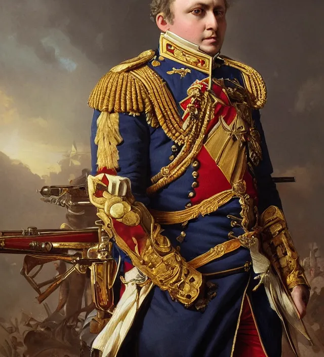 Prompt: portrait of emperor napoleon wearing a traditional nineteenth century french empire military uniform, metal shoulder pauldrons, intricate, highly detailed, digital painting, artstation, concept art, sharp focus, cinematic lighting, illustration, art by artgerm and greg rutkowski, alphonse mucha, cgsociety