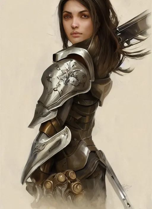 Image similar to a professional painting of a beautiful young female, clothed in military armor, olive skin, long dark hair, beautiful bone structure, symmetrical facial features, intricate, elegant, digital painting, concept art, smooth, sharp focus, illustration, from Knights of the Old Republic, by Ruan Jia and Mandy Jurgens and Artgerm and William-Adolphe Bouguerea