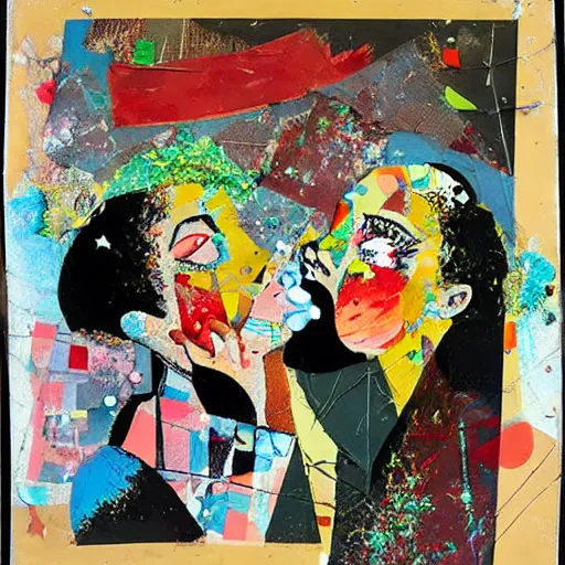 Image similar to two women kissing at a carnival in summer, mixed media collage, retro, paper collage, magazine collage, acrylic paint splatters, bauhaus, claymation, layered paper art, sapphic visual poetry expressing the utmost of desires by jackson pollock
