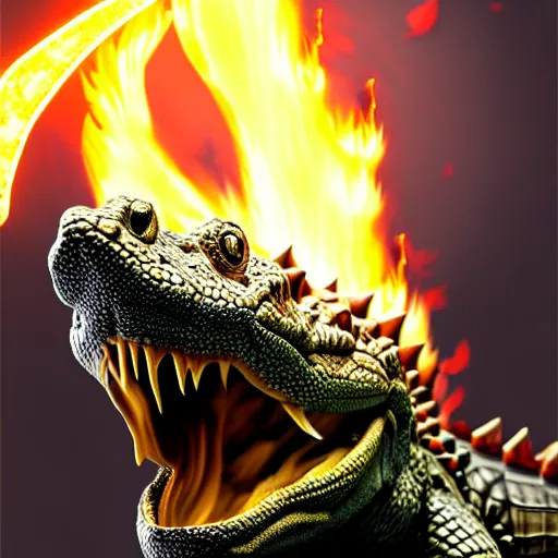 Image similar to realistic mage crocodile shoot fire spells, artstation trends, ultra sharp, realistic, 8 k