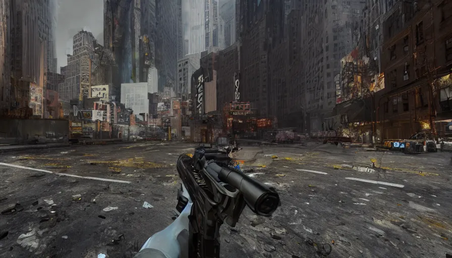 Prompt: fps shooter game in new york city ruins, video game, famas, firing, night, hyperdetailed, artstation, cgsociety, 8 k