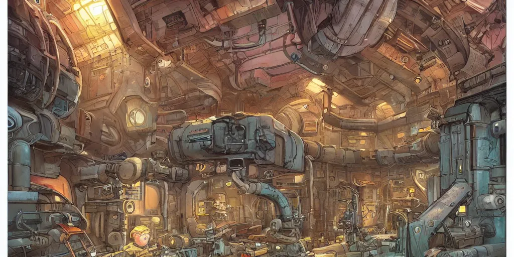 Image similar to Sci Fi Underground Bunker, with vestiges of rusty machinery, lugubrious, illustrated by Patrick Gleason and Tim Shumate, detailed art, artstation, comic art