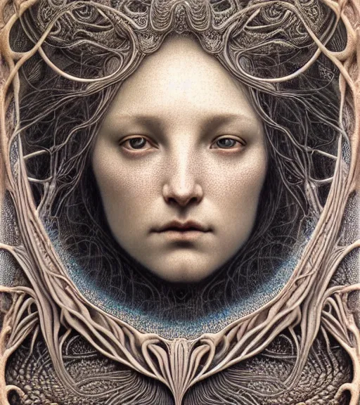 Image similar to detailed realistic beautiful thunder goddess face portrait by jean delville, gustave dore, iris van herpen and marco mazzoni, art forms of nature by ernst haeckel, art nouveau, symbolist, visionary, gothic, neo - gothic, pre - raphaelite, fractal lace, intricate alien botanicals, ai biodiversity, surreality, hyperdetailed ultrasharp octane render