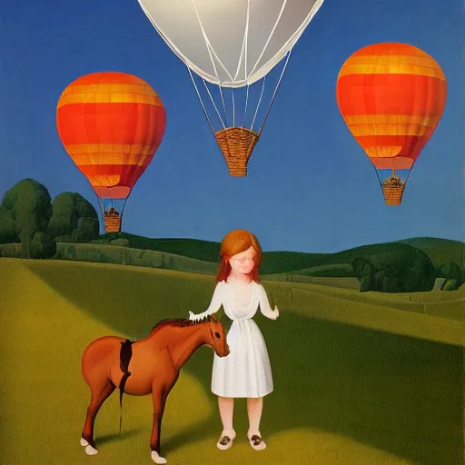 Image similar to a girl and her horse enjoy a hot-air balloon show by Raphael, Hopper, and Rene Magritte. detailed, romantic, enchanting, trending on artstation.