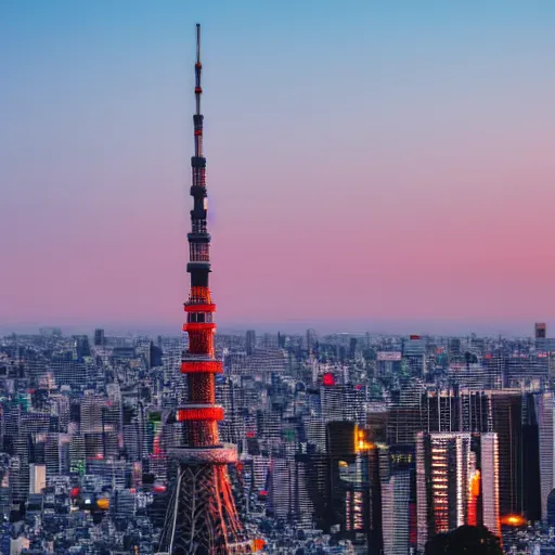 Image similar to landscape of Tokyo with a tower at sunset