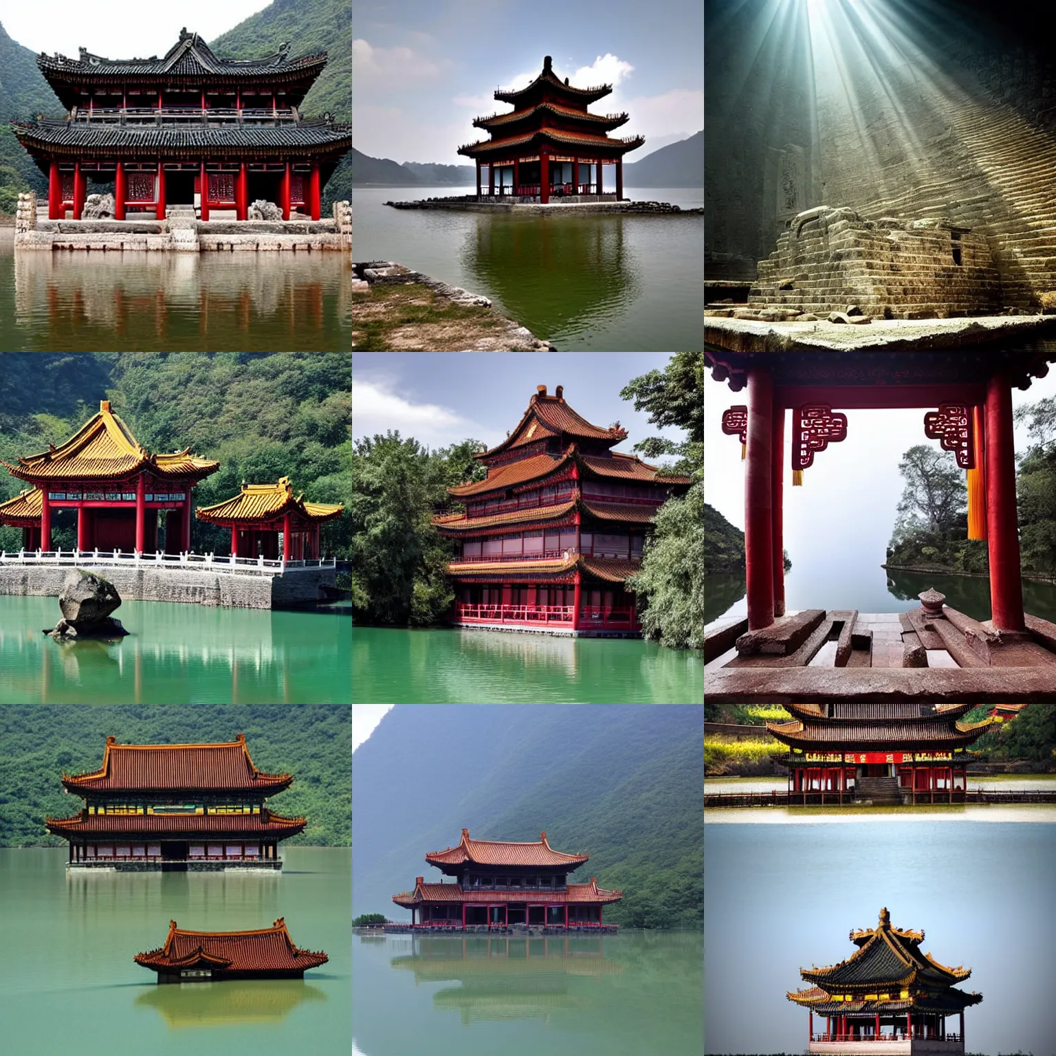 Prompt: There is an ancient Chinese-style building that has been sleeping for thousands of years at the bottom of the huge lake. A ray of light shines from the lake surface, illuminating the ancient building at the bottom of the lake.