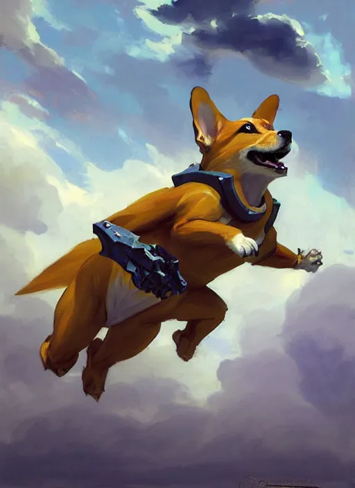 Prompt: Greg Manchess painting of an anthropomorphic Corgi from Metroid Prime wearing Forerunner Armor from Halo, countryside, calm, fantasy character portrait, dynamic pose, above view, sunny day, thunder clouds in the sky, artwork by Jeremy Lipkin and Giuseppe Dangelico Pino and Michael Garmash and Rob Rey, very coherent asymmetrical artwork, sharp edges, perfect face, simple form, 100mm