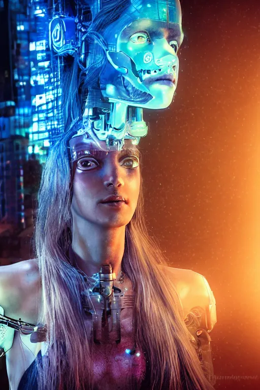 Prompt: hyperrealism portrait, digital art, wallpaper of a cyborg dryad, in a cyberpunk city, diffused lighting, neon ambient lighting, by laura zalenga, 8 k dop dof hdr, vibrant