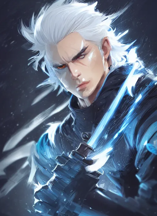 Image similar to a highly detailed illustration of fierce young short slick back white haired man wearing dark blue coat, bright blue eyes, dramatic wielding katana pose, intricate, elegant, highly detailed, centered, digital painting, artstation, concept art, smooth, sharp focus, league of legends concept art, wlop