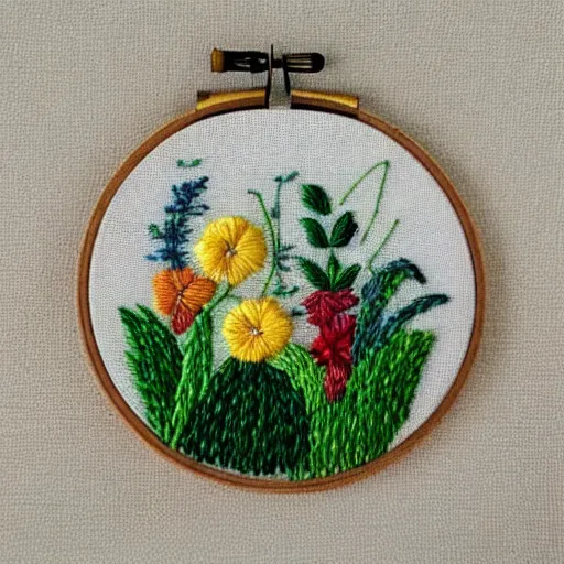 Image similar to a tiny beautiful handmade embroidery of a vegetable patch. hand embroidery.