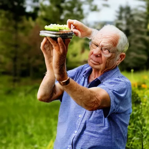 Image similar to an old man is stacking pickles his wife's head, making it look like a tower