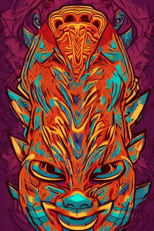 Prompt: totem animal mask tribal feather gemstone plant wood rock shaman vodoo video game vector illustration vivid color borderlands by josan gonzales and dan mumford radiating a glowing aura