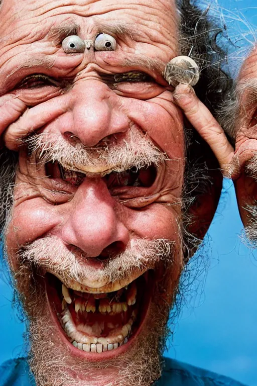 Image similar to a old laughing happy old man with 3 heads and 6 eyes, long hair, long beard, hanging upsidedown by steve mccurry