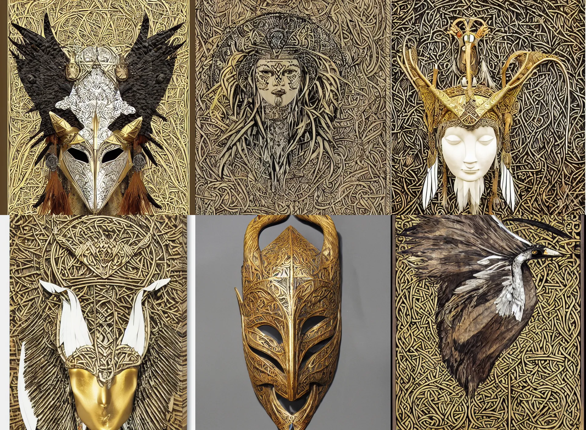 Prompt: viking shaman, african mask, asian female, boho style, wood clay marble ivory crow swan eagle wings head eyes bamboo, golden and silver jewerly Art nouveau, william morris style, low poly, pattern, modern sculpure by frank frazetta Joaquin Sorolla