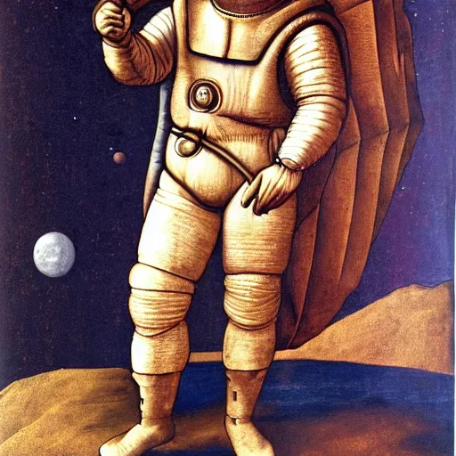 Image similar to self portrait of leonardo da vinci wearing a spacesuit on the moon