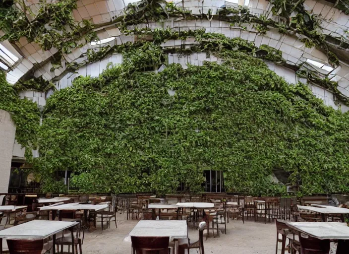 Prompt: a restaurant in an abandoned mall in the 1 9 8 0 s, taken over by nature, covered in vines