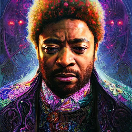 Image similar to portrait of chiwetel ejiofor, hyper detailed masterpiece, neon floral pattern, jean giraud, digital art painting, darkwave goth aesthetic, psychedelic, artgerm, donato giancola and tom bagshaw