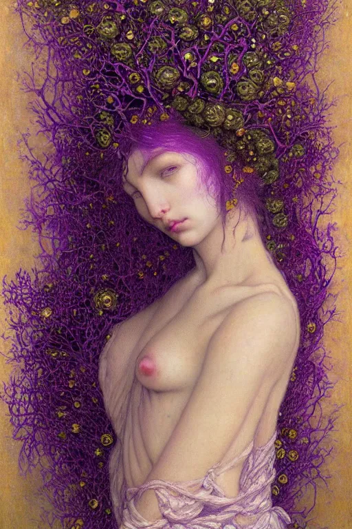 Image similar to portrait of beautiful gothic young mainem, thunderstorm, cyber armor, a lot of scars, more and more flowers, purple head, the middle ages, highly detailed, artstation, illustration, art by jean delville, 8 k quality, art by greg gandy and dragan bibin, gustav klimt