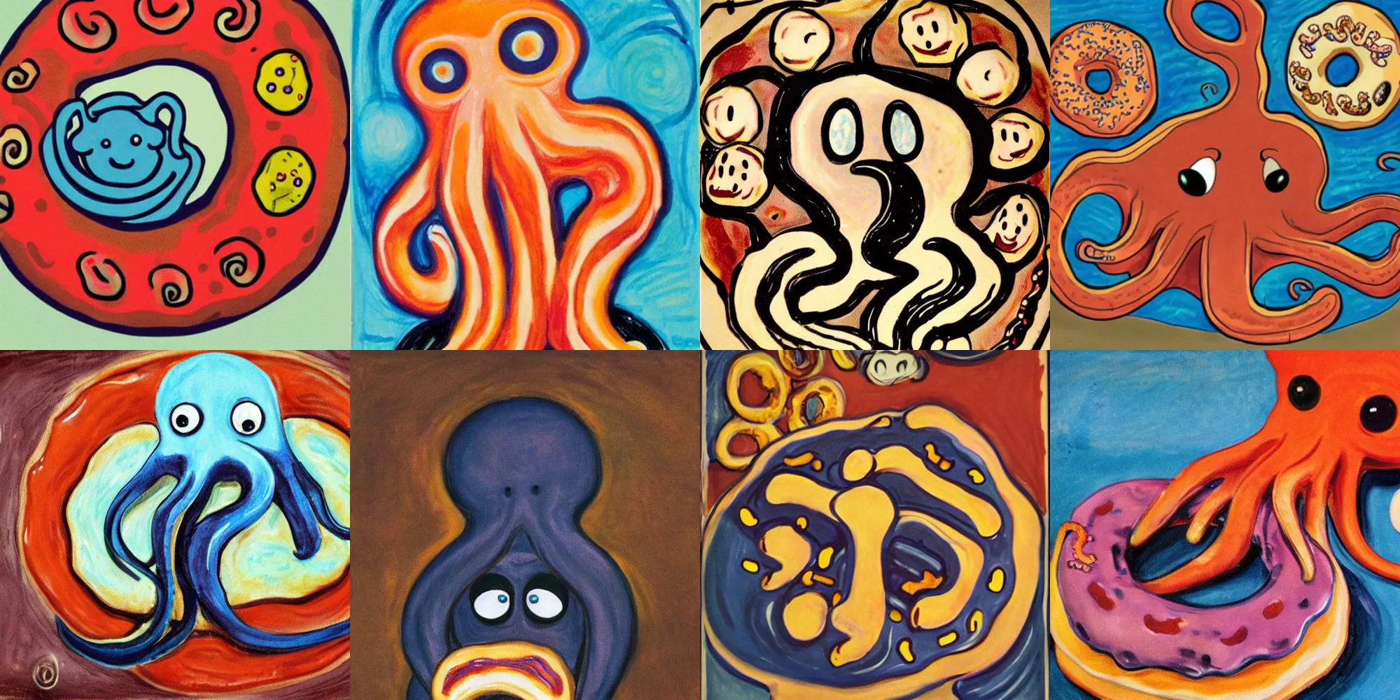 Prompt: an octopus eating donuts a la edvard munch