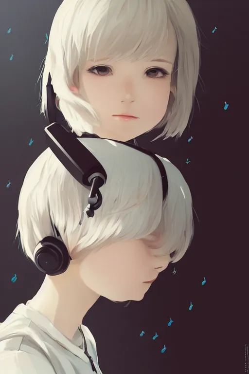 Prompt: a cute young woman listening to music with her eyes closed and wearing headphones in the style of Ilya Kuvshinov and Range Murata, white bob cut hair, freckles, dark thunderclouds in the backround, blue filter, blue and white, vivid colors, soft lighting, cinematic, moody, nier automata, poster, oil on canvas by Krenz Cushart, 8k