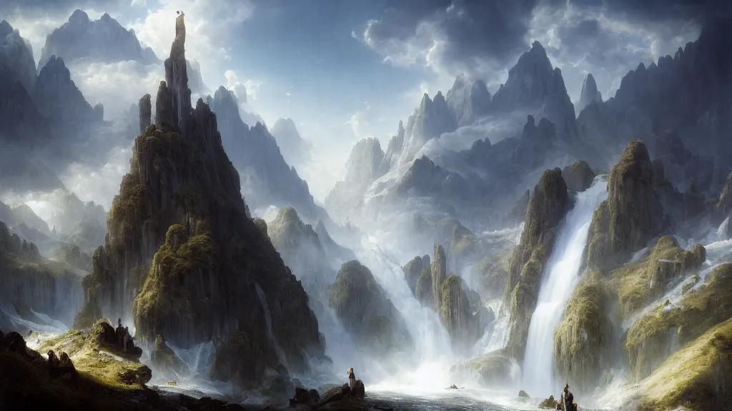 Prompt: elven spire above the great alpine waterfall. andreas achenbach, artgerm, mikko lagerstedt, zack snyder, tokujin yoshioka