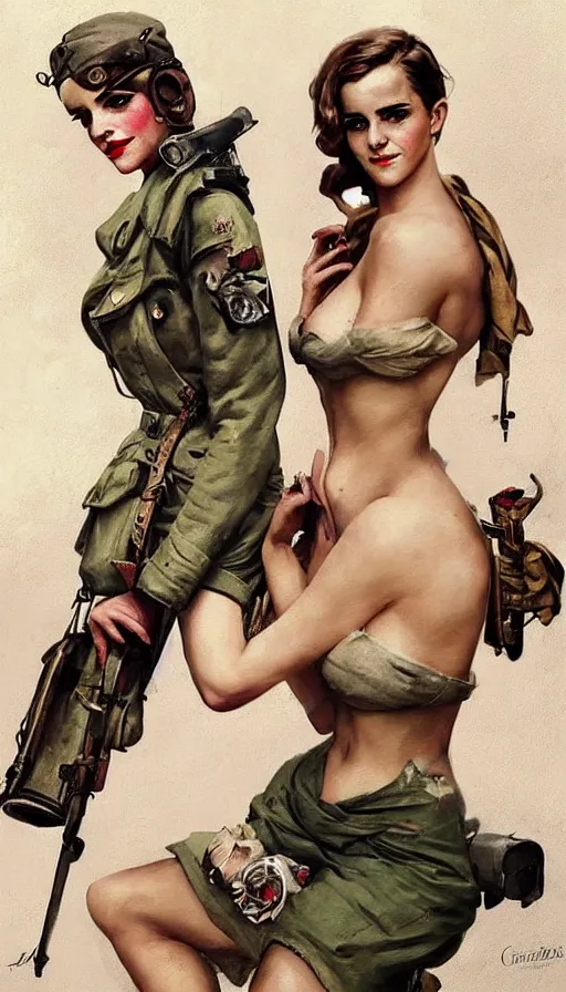 Prompt: “ emma watson and lindsey pelas as world war 2 pinup girls, tattoo, decorated ornaments by carl spitzweg, ismail inceoglu, vdragan bibin, hans thoma, greg rutkowski, alexandros pyromallis, perfect face, fine details, realistic shaded ”