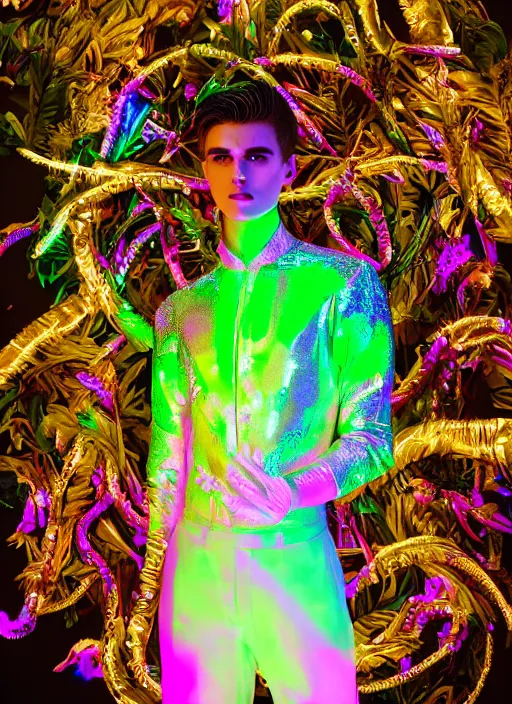 Image similar to photo of baroque and bladerunner delicate neon emerald sculpture of seductive prince adrien sahores pink iridescent humanoid deity wearing metallic jungle leaves, crystal tigers, glowing rainbow lights, crown made of hands, cinematic lighting, photorealistic, octane render 8 k depth of field 3 d