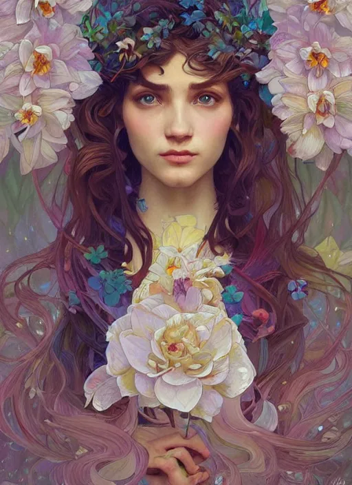 Image similar to Gardenia flowers, colorful, Grimes, psychedelic, intricate, elegant, highly detailed, digital painting, artstation, concept art, smooth, sharp focus, illustration, art by artgerm and greg rutkowski and alphonse mucha