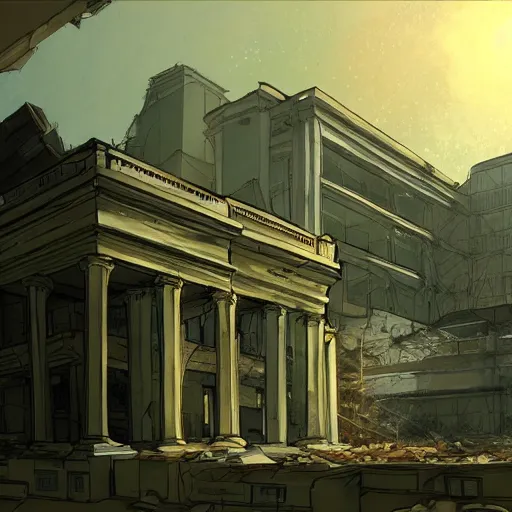 Image similar to The Post-Apocalyptic Ruins of the White House, Anime concept art by Makoto Shinkai