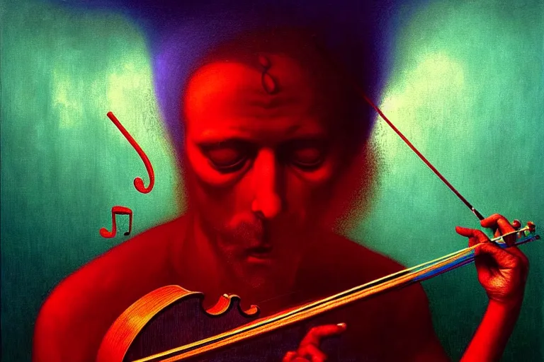 Prompt: surreal concept of the mystery musician with colored smoke playing a violin, in the style of rafał olbinski, in the style of beksinski, intricate and epic composition, red by caravaggio, insanely quality, highly detailed, masterpiece, purple light, artstation, 4 k