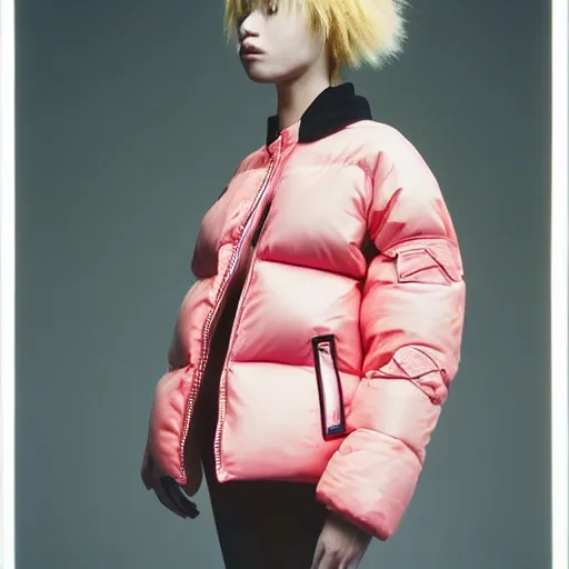 Image similar to realistic photoshooting for a new balenciaga lookbook, color film photography, portrait of a blonde asian woman, model wearing a puffer jacket, photo in style of tyler mitchell, 3 5 mm,