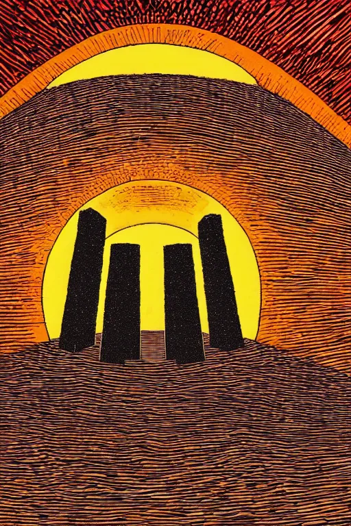 Prompt: a blazing geometric sun above a monolithic temple, detailed, cell shaded, 4 k, warm colours, concept art, by stanley donwood,