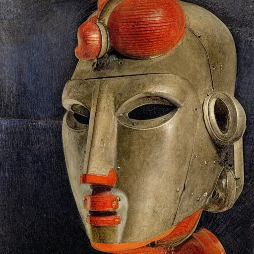 Image similar to the robot in her mechanical mask, by Annie Swynnerton and Diego Rivera, in profile, symbolist, dramatic lighting, elaborate geometric ornament, Art Brut ,god rays, soft cool colors,smooth, sharp focus, extremely detailed, Adolf Wölfli