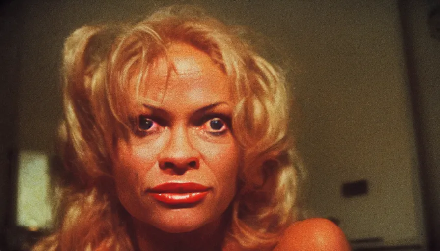 Image similar to 7 0 s film still from a horror movie starring pamela anderson, kodachrome, cinecolor, cinestill, film grain, film texture, retro, cinematic, high resolution, photorealism,