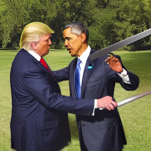 Prompt: obama and donald trump sword fight