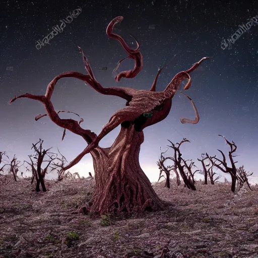 Image similar to surface of an alien planet with twisted trees t