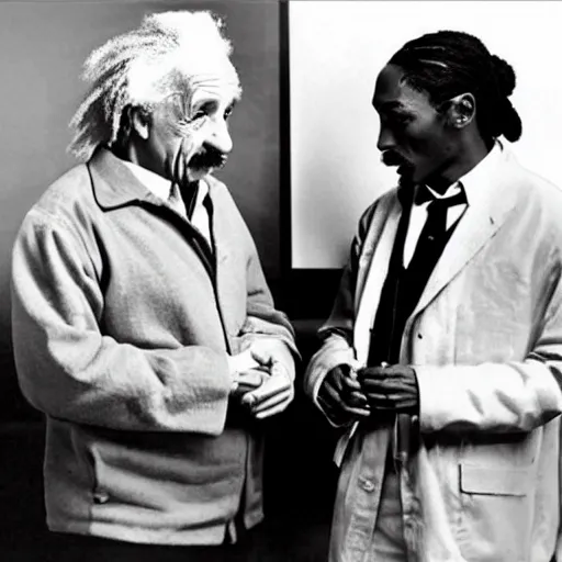 Image similar to Albert Einstein and Snoop Dogg discussing physics and smoking blunts