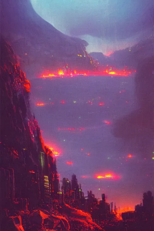 Prompt: a cyberpunk city in the crater of a volcano, lava flowing, smoke, fire, neon, industrial, by paul lehr