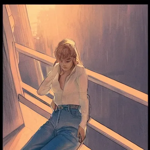 Image similar to a beautiful artwork of a woman in jeans and a white shirt smoking on the balcony of a hotel at night, top view, neon and rainy theme atmosphere by Jerome Opeña, featured on artstation