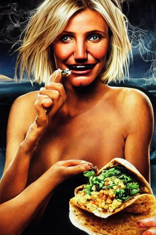 Image similar to portrait of cameron diaz eating a burrito in a post apocalyptic place, hyperealistic by dali